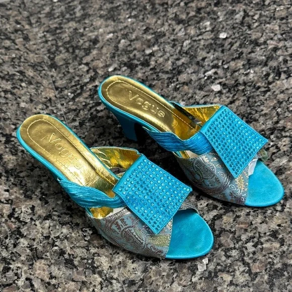 Vogue Turquoise and Gold Embellished Heels EUC 39 - Picture 3 of 16